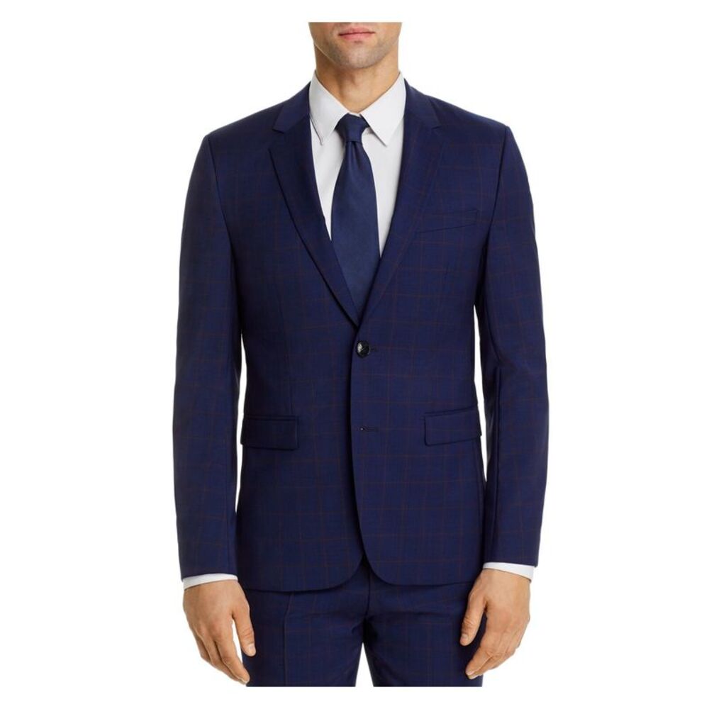 HUGO BOSS Mens Blue Single Breasted Multi-Check Extra Slim Fit Blazer Jacket 46R